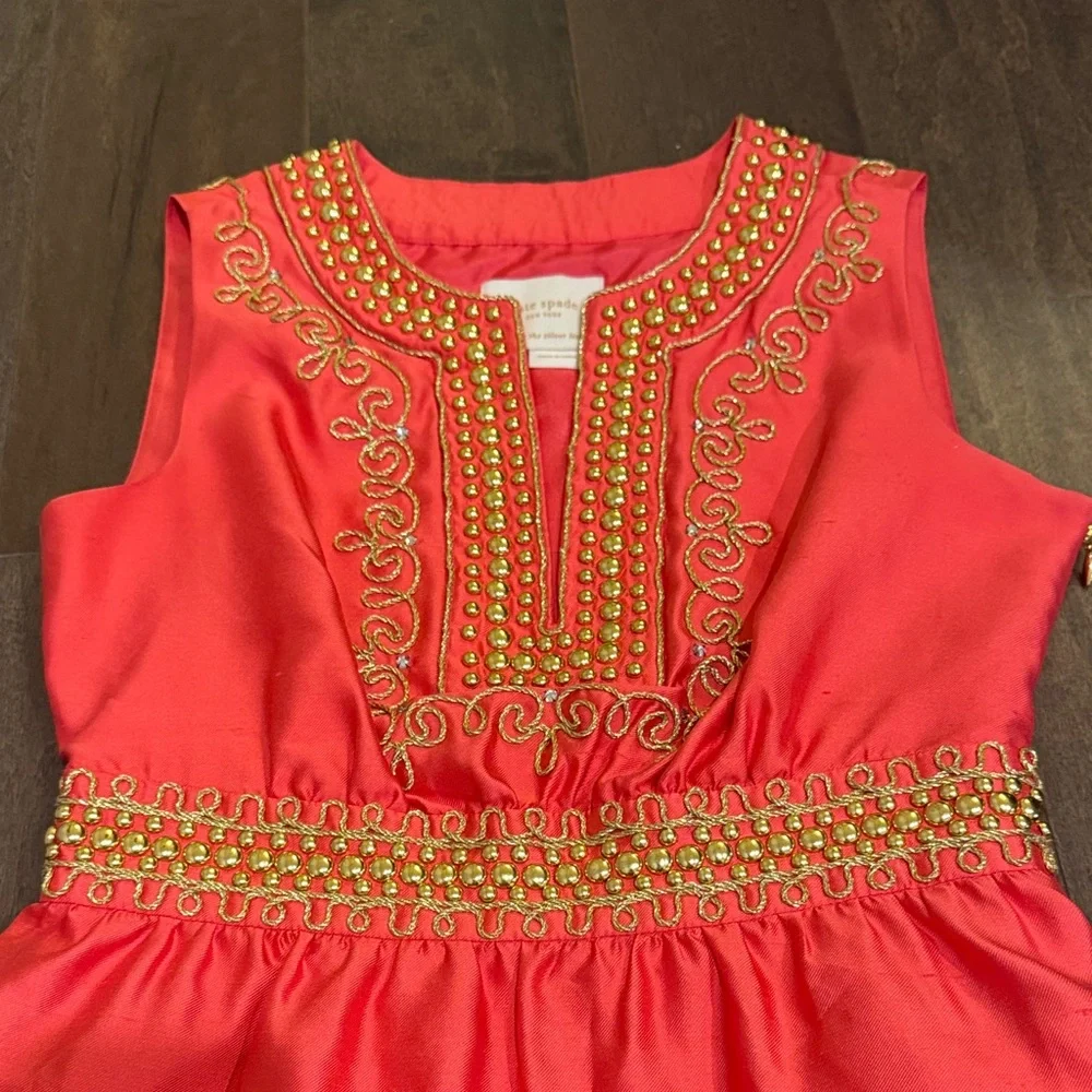 Kate Spade Annette Silk Dress Size 0 Coral Gold Beaded Embroidered Cocktail